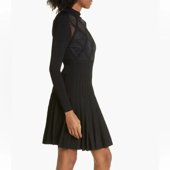 Ted Baker Women Black Sheer Argyle Skater Dress Long Sleeve Size 16-18